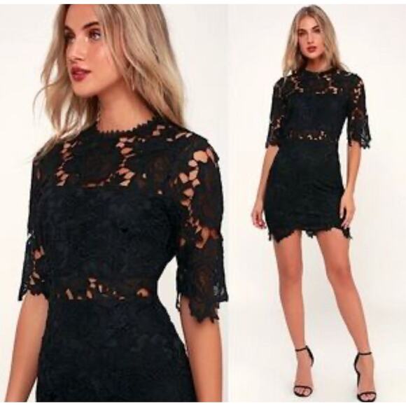 Lulus Dresses & Skirts - NEW Lulus A Fine Romance Lace Dress Size Small Black Cocktail Cut Out Midriff